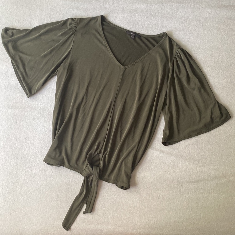 Olive Green Flutter Sleeve T-shirt with Front Tie